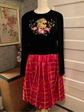 Vtg 90’s Escada black velvet & red plaid satin dress / embroidered tiger sz 42